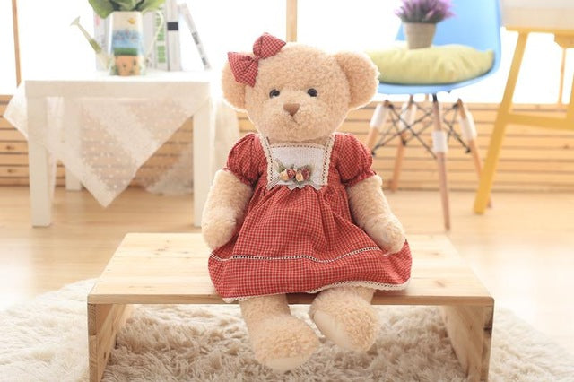 Adorable Teddy Bear Couple Stuffed Plush Toys Kawaii With Plaid Clothes